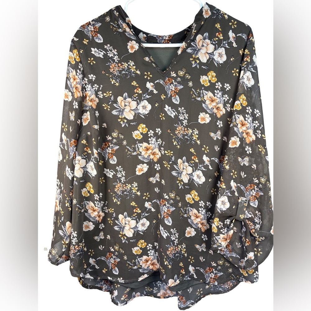Papermoon Green Brown Floral Long Sleeve Blouse 1X